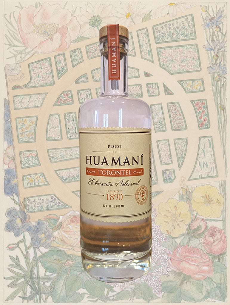 A bottle of Huamani 'Torontel' Pisco from Ica, Peru