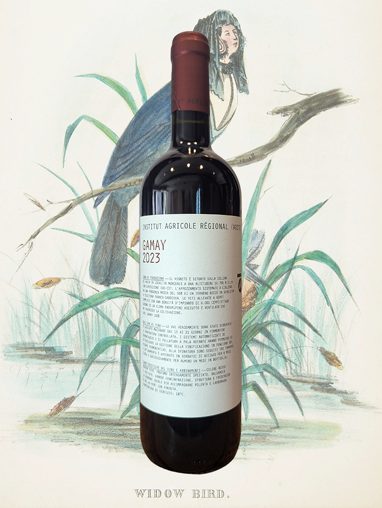 A bottle of Institut Agricole Régional Gamay 2023 from Valle d'Aosta, Italy - An aromatic fruity and spicy Gamay from high in the hills of the Aosta Valley.
