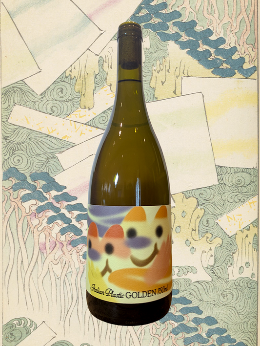 A bottle of Italian Plastic 'Golden' Skin Contact 2024 from South Australia - A wild orange-amber skin contact blend from down South. 