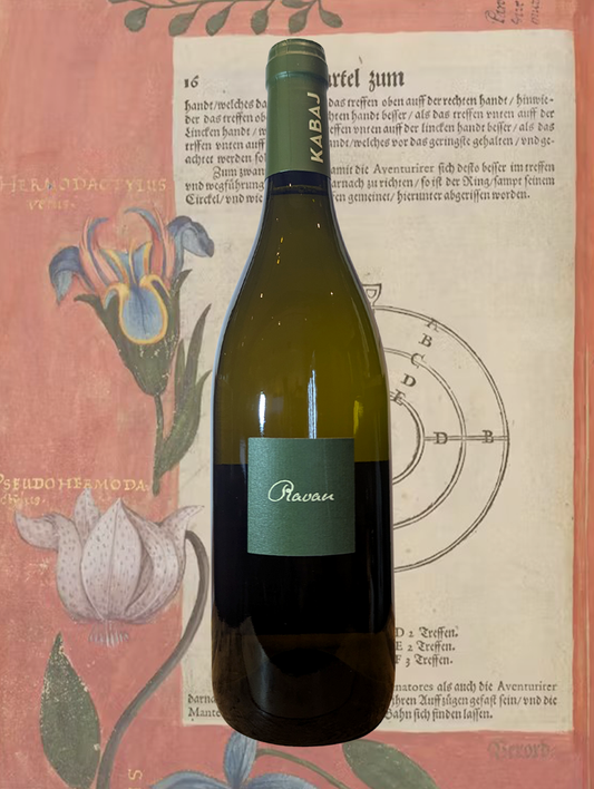 A bottle of Kabaj Ravan 2019 from Goriska Brda, Slovenia - A Slovenian skin-contact that is so light in tone that you could trick yourself into thinking you're drinking a White wine. 