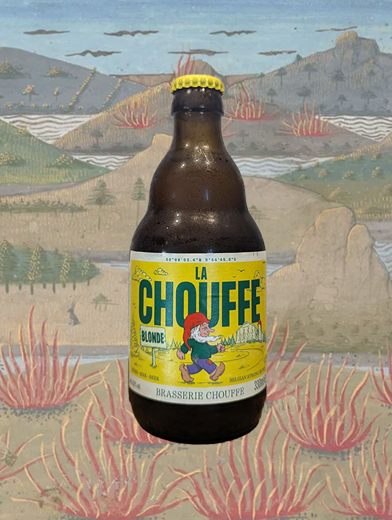 A bottle of La Chouffe Belgian Blonde from Achouffe, Belgium