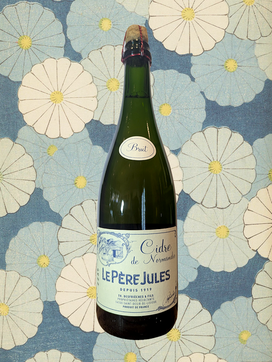 A bottle of Le Père Jules Brut Cidre from Normandy, France