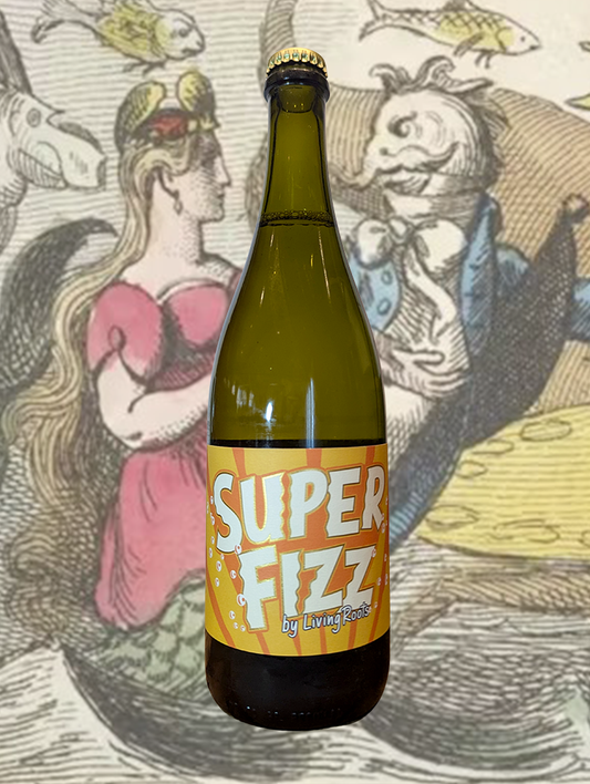 A bottle of Living Roots 'Super Fizz' Sparkling 2021 from South Australia - Off-dry bubbly, with floral citrus, racy acidity, and tons of richness on the palate. Tangy, fizzy, delicious flavour all round. 
