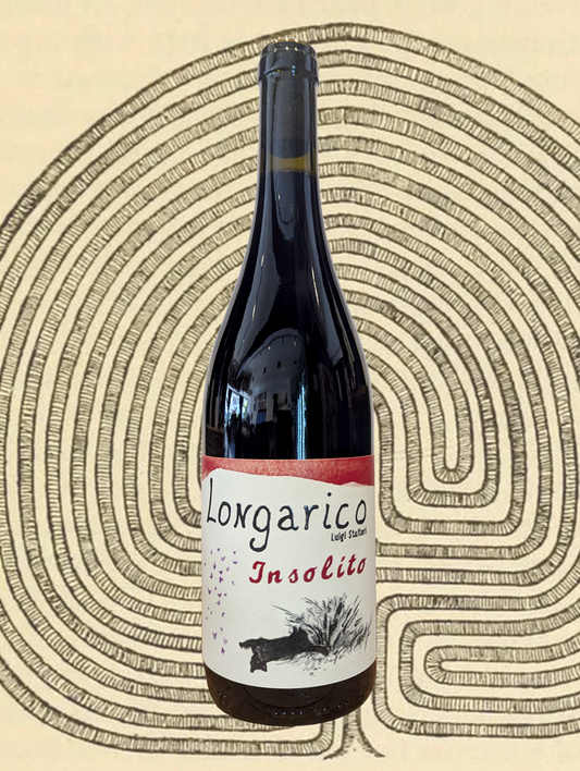 A bottle of Longarico 'Insolito' Rosso 2022 from Sicily, Italy - Ripe blackberry and a little oregano maybe. Smooth med-bodied and the tannins are soft. Bit of acid, bit of minerality. All these things and still approachable.  