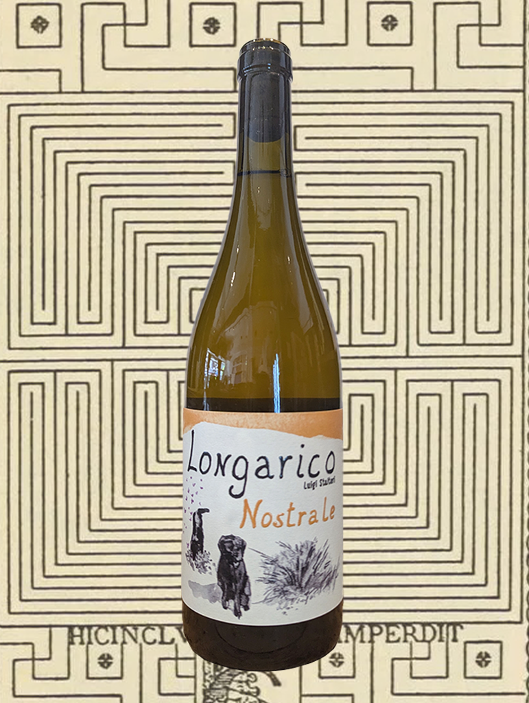 A bottle of Longarico 'Nostrale' Catarratto 2023 from Sicily, Italy - Crunchy white peach and lemon, a little saline and spicy minerality. Catarratto and love makes yummy nice wine. Have with all the meals. Chicken? Yeah ok. Duck? Why not? Whatever. It’s great. 