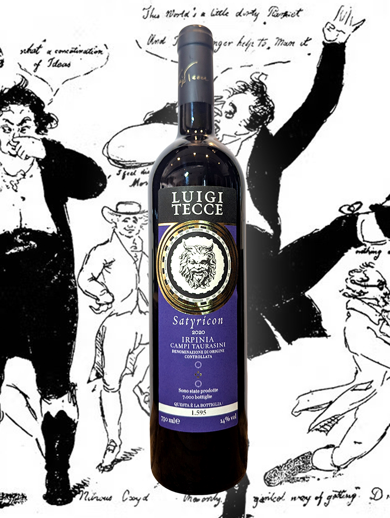 A bottle of Luigi Tecce 'Satyricon' Aglianico 2020 from Campania, Italy - A bold and richly flavour red from the volcanic soils of Campania.