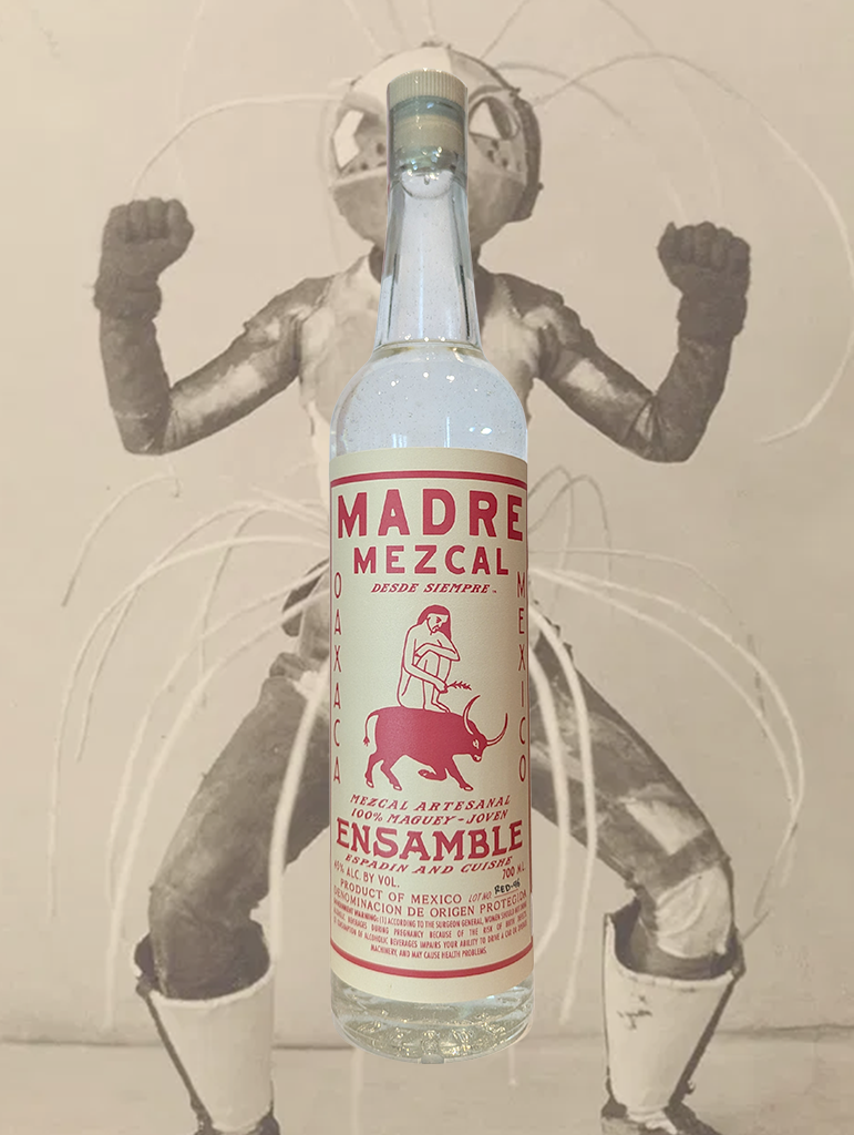 A bottle of Madre Ensamble Mezcal from Oaxaca, Mexico - A blend of two types of agave unlocks natural flavors often hidden behind the smoke. 