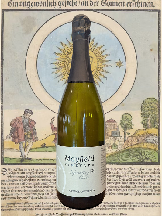 A bottle of Mayfield Chardonnay / Pinot Noir Sparkling 2023 from Orange, NSW - A fresh, bright sparkling Chardonnay (with some Pinot Noir thrown in) from the cool hills of Orange. 