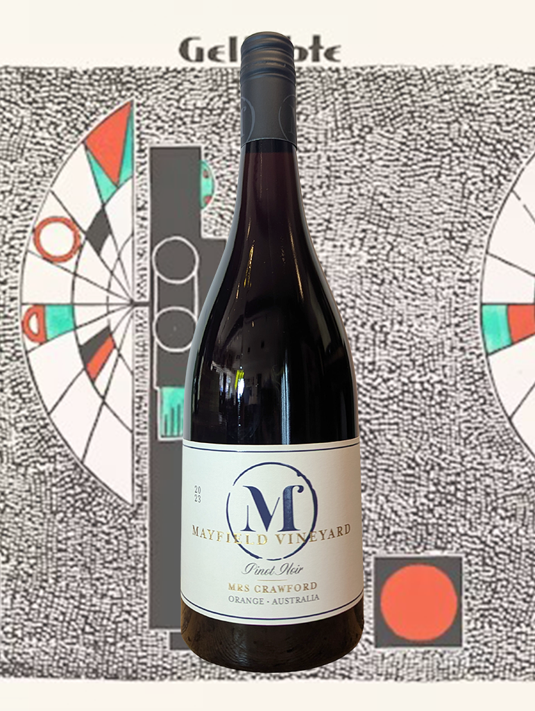 A bottle of Mayfield 'Mrs Crawford' Pinot Noir 2023 - An aromatic and elegant Pinot Noir from Orange, evoking the very aromas of its estate. 