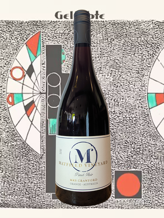 A bottle of Mayfield 'Mrs Crawford' Pinot Noir 2023 - An aromatic and elegant Pinot Noir from Orange, evoking the very aromas of its estate. 
