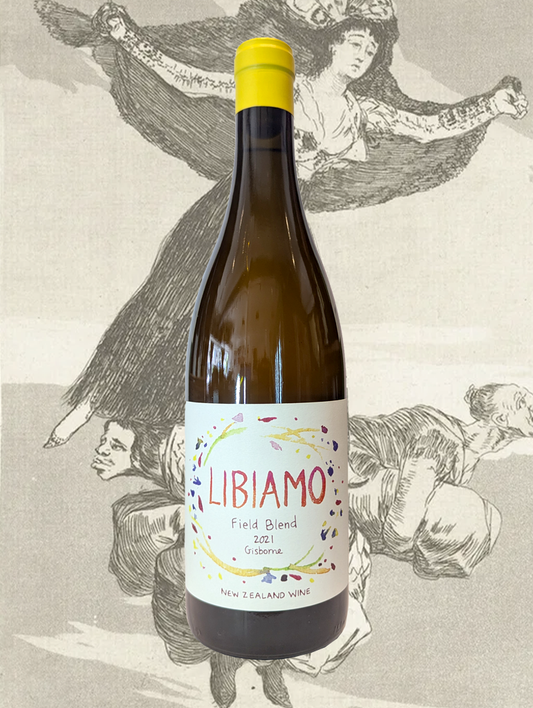 A bottle of Millton 'Libiamo' Field Blend 2021 from Gisborne, New Zealand - An aromatic and cloudy field blend that sees an extended time on skins. 