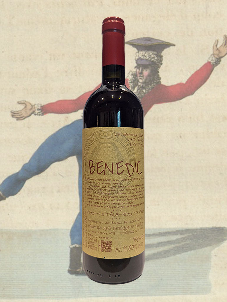 A bottle of Monastero Suore Cistercensi 'Benedic' Rosso 2024 from Lazio, Italy