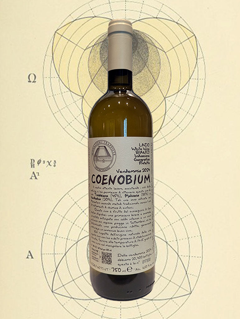 A bottle of Monastero Suore Cistercensi 'Coenobium' Bianco 2024 from Lazio, Italy