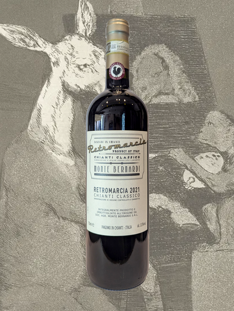 A bottle of Monte Bernardi 'Retromarcia' Chianti Classico 2021 from Tuscany, Italy - Fresh and fruit driven Chianti Classico, its deliciously easy drinking. 