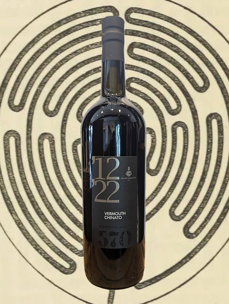 A bottle of Montecorneo Vermouth Chinato ’12’22 from Umbria, Italy - Montepulciano wine base; aromatised with cinchona bark, rhubarb and wormwood. 