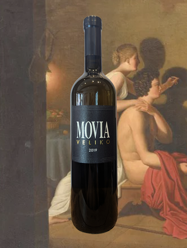 A bottle of Movia 'Veliko Belo' 2019 from Brda, Slovenia - An aromatically rich and golden Rebula (Ribolla) blend from Slovenia.