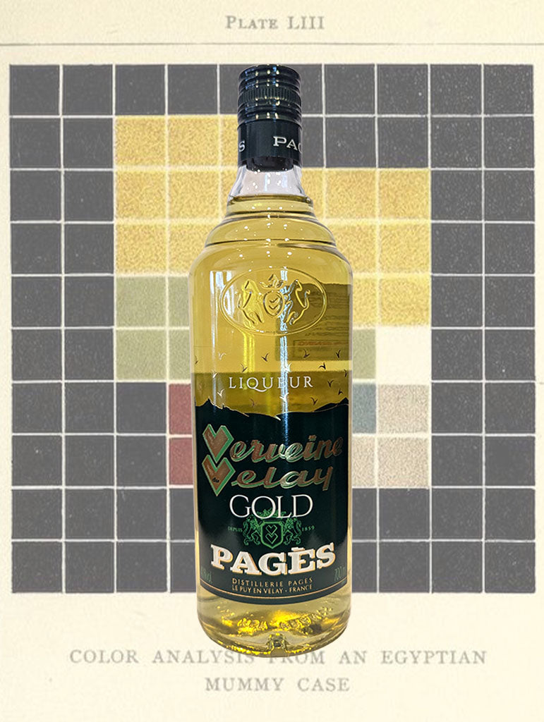 A bottle of Pages 'Verveine du Velay Gold' Herbal Liqueur from Auvergne, France