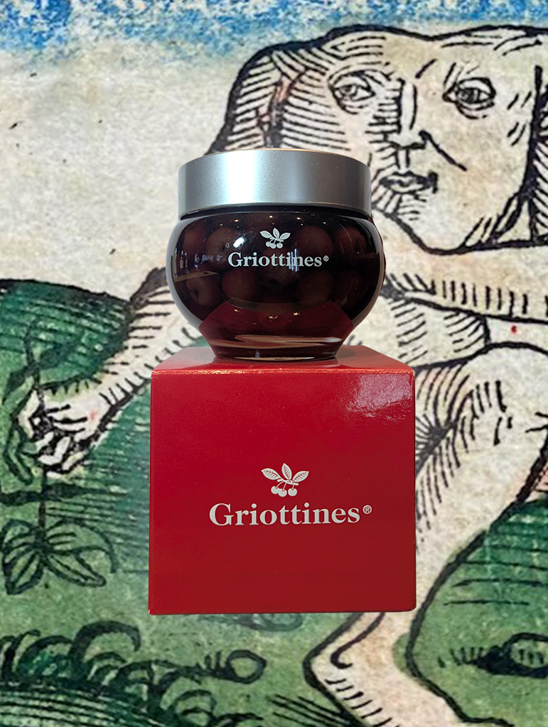A jar of Peureux Griottines in Kirsch (Sour Cherries) - Grown and picked wild, macerated in liquor and Kirsch 
