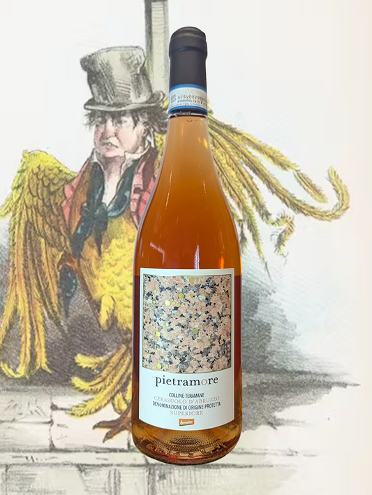 A bottle of Pietramore Cerasuolo Rosato 2023 from Abruzzo, Italy - A delicately fruity saignée Rosato made with Montepulciano from Abruzzo. 