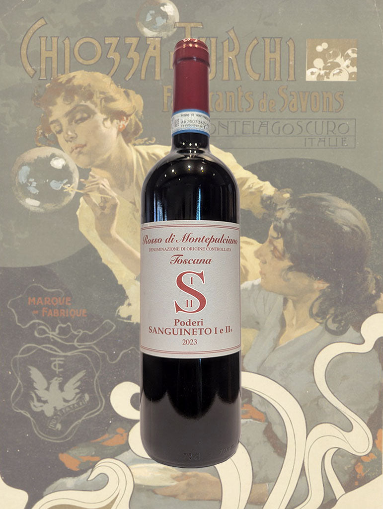 A bottle of Poderi Sanguineto Rosso di Montepulciano 2023 from Tuscany, Italy