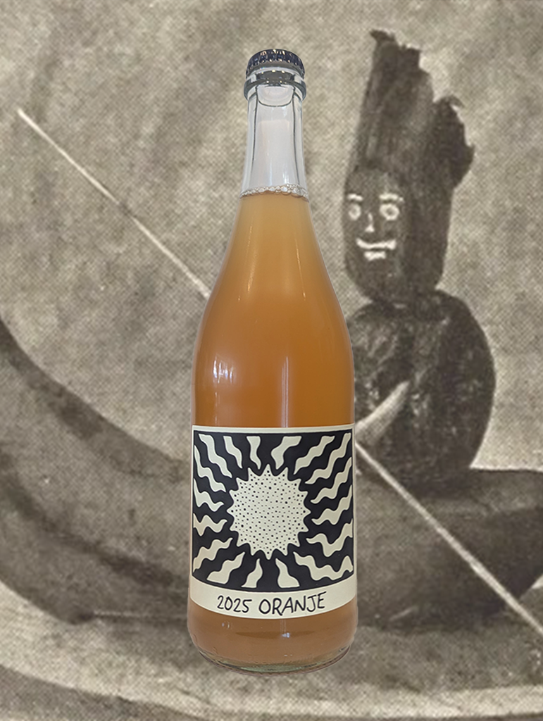A bottle of Pride of Lunatics 'Orange' Skin Contact 2025 from Central Ranges, NSW - Passion fruit, tropical, acid core, salinity mango. 