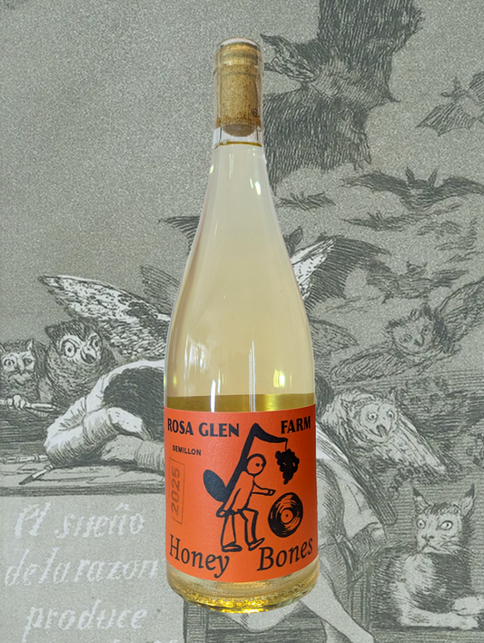A bottle of Rosa Glen 'Honey Bones' Skin Contact Semillon 2025 from Margaret River, WA - A bright tangy skin contact Semillon - perfect to ease us into the summer months. 