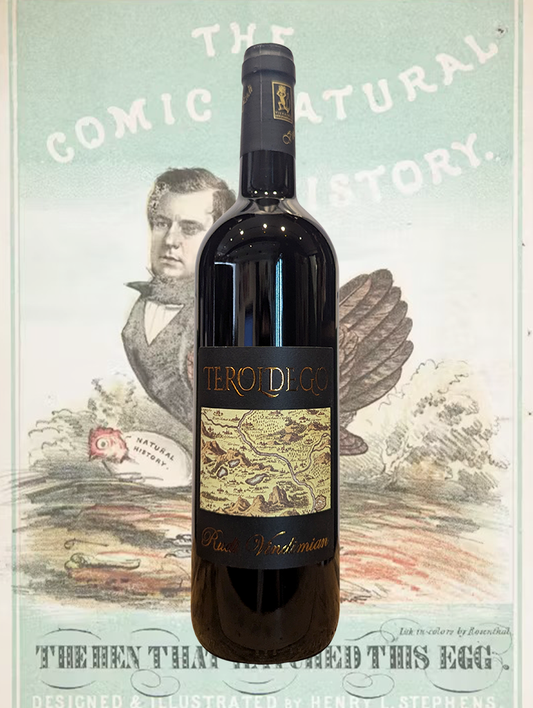 A bottle of Rudi Vindimian Teroldego 2018 from Trentino, Italy - A soft and darkly fruited red, made from the rare Teroldego varietal local to Trentino.  