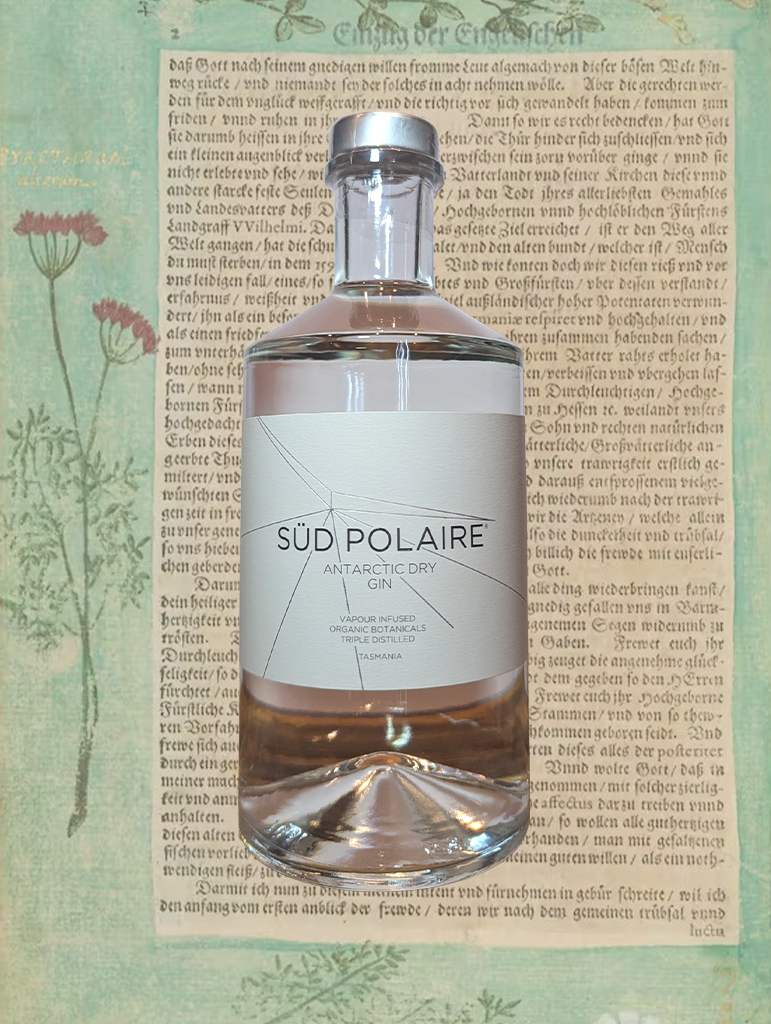 A bottle of Süd Polaire 'Antarctic' Dry Gin from Hobart, Tasmania - Super smooth dry gin from Tasmania - as dry as a crisp Antarctic wind. 