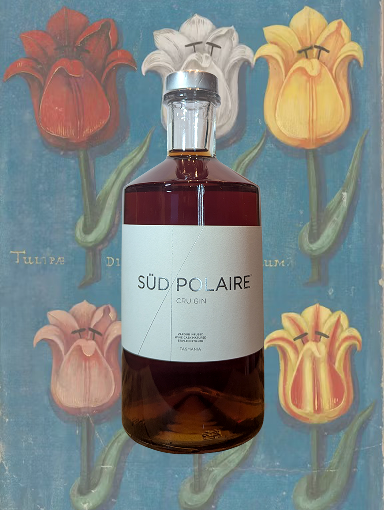 A bottle of Süd Polaire 'Cru' Gin from Hobart, Tasmania - Super smooth gin, layered notes of subtle peony florals and strawberry fruit. 