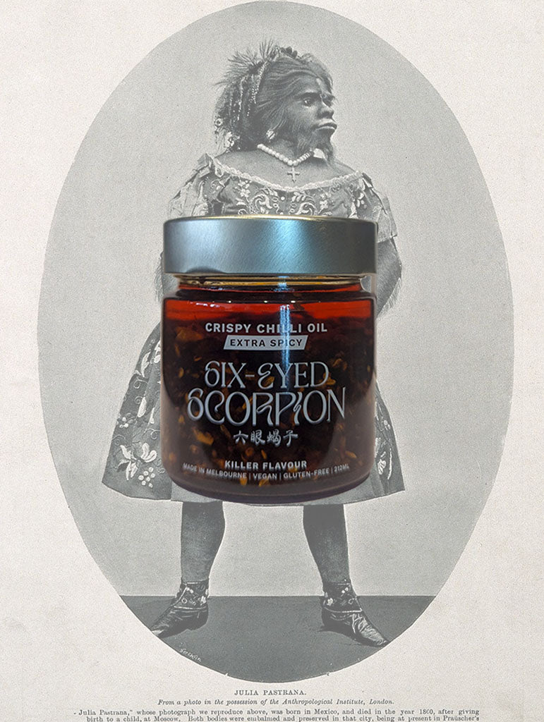 A jar of Six-Eyed Scorpion 'Extra Spicy' Crispy Chilli Oil from Melbourne, VIC