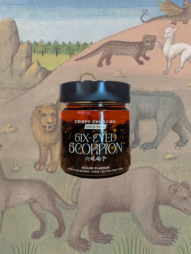 A jar of Six-Eyed Scorpion 'Original' Crispy Chilli Oil from Melbourne, VIC