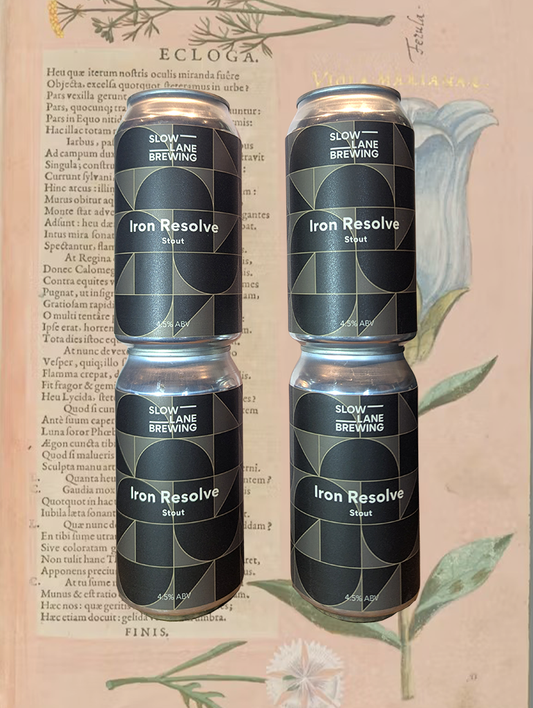 A can of Slow Lane 'Iron Resolve' Stout from Botany, NSW - Notes of dark chocolate, caramel, and a hint of coffee give Iron Resolve depth well beyond its strength. Velvety smooth with a rich, full-bodied mouthfeel, this is a session stout with the heart of a heavyweight.