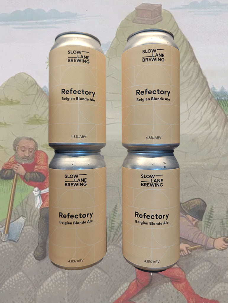 A can of Slow Lane 'Refectory' Belgian Blonde Ale, Botany, NSW