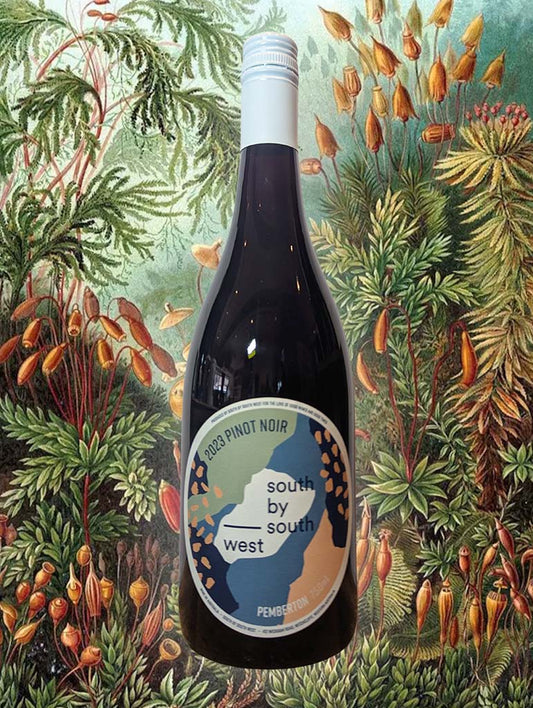 A bottle of South by South West Pinot Noir 2023 from Pemberton, WA – A Pretty, aromatic, red cherry and sweet spiced red wine.
