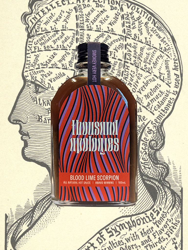 A bottle of Thousand Apologies 'Blood Lime Scorpion' Hot Sauce from Melbourne