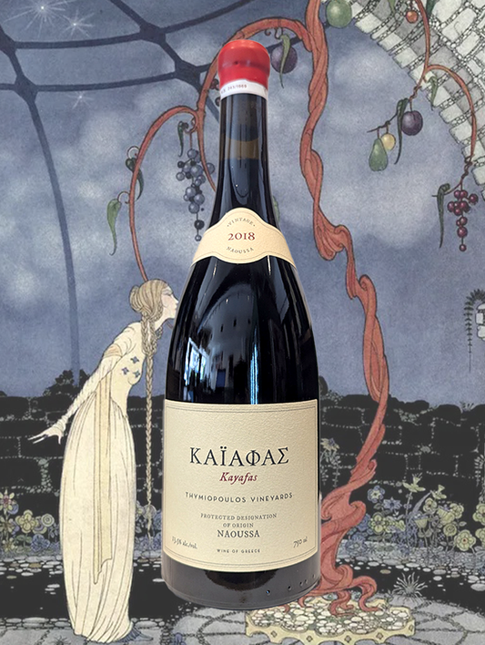 A bottle of Thymiopoulos 'Kayafas' Xinomavro 2018 from Naoussa, Greece - Rich on the palate, lushly textured with an underlying earthy character, firm grippy tannins balanced by a fresh acid core, all mature and well integrated, with a persistent clean finish.
