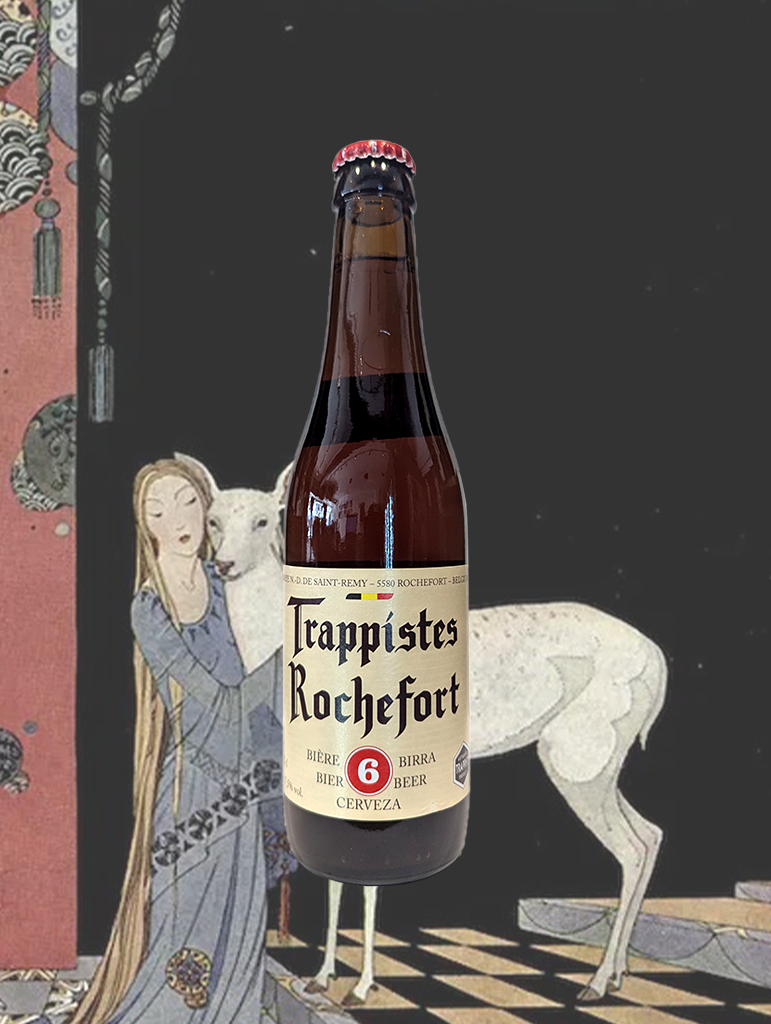 A bottle of Trappistes Rochefort '6' Trappist from Namur, Belgium - Pours like a rich, bubbly pinot. Heaps on the nose, full plum flavour in the mouth and great with a steak in any month. We are very happy with this beer! 