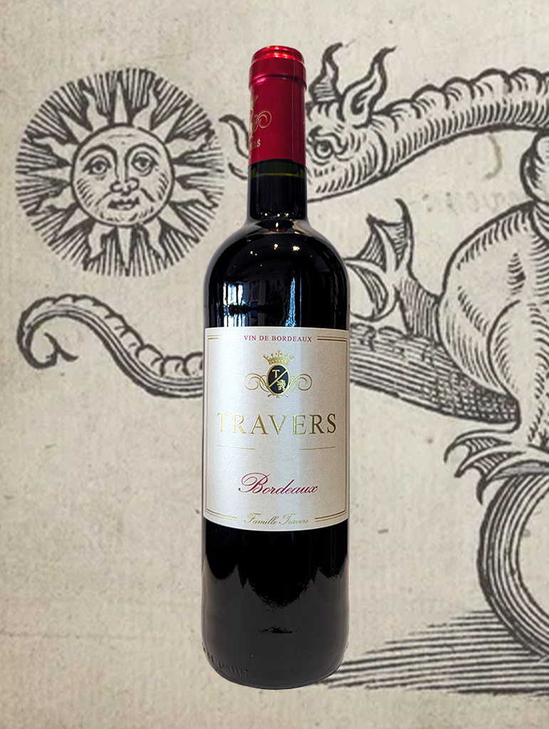 A bottle of Travers Bordeaux Rouge 2022 from Bordeaux, France - A 50/50 split of Cabernet Sauvignon and Merlot from Bordeaux!