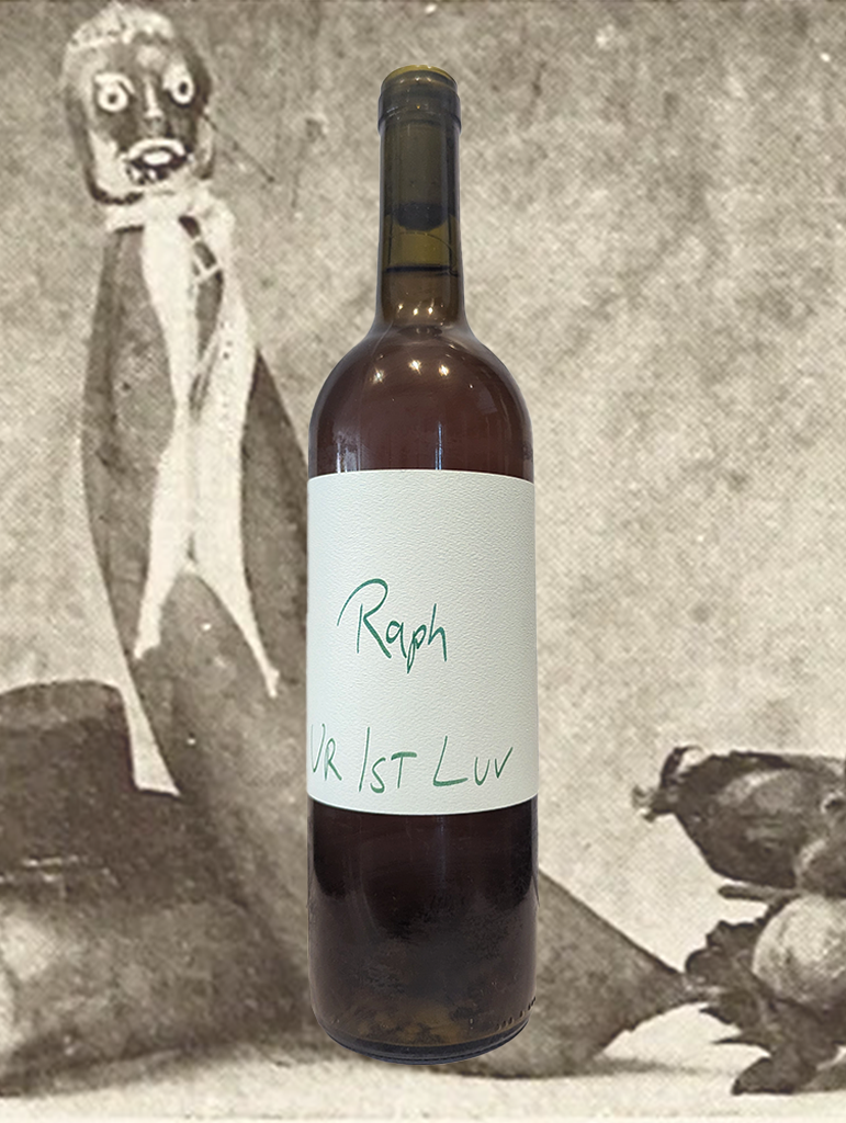 A bottle of Ur 1st Love 'Raph' Skin Contact Chardonnay 2023 from Canowindra, NSW - A skin contact from Canowindra in the Central Ranges, the same vineyard as the Hopeless Thoughtful 'Honeybutter'. 