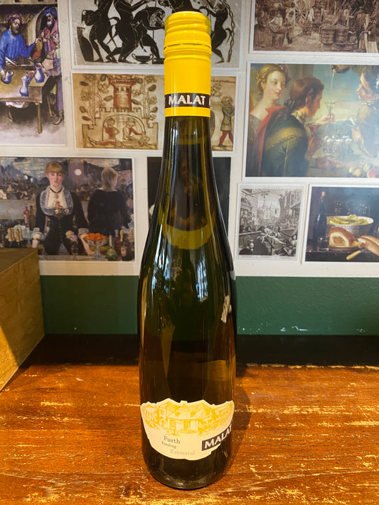 Bottle of Weingut Malat Riesling from Kremstal, Austria — dry white wine with citrus, mineral tension, and textural complexity. Organic, estate-grown.