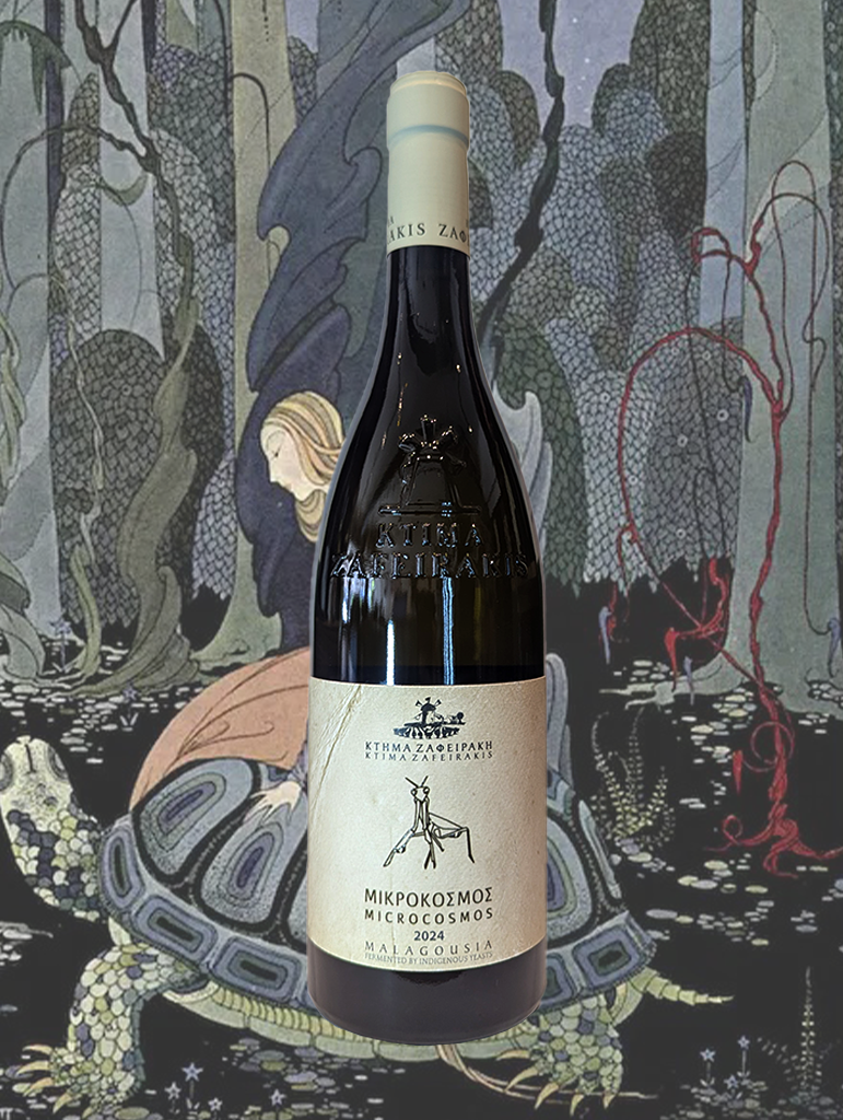 A bottle of Zafeirakis 'Microcosmos' Malagousia 2024 from Tyrnavos, Greece - Fresh and lively on the palate, crisp yet smooth in texture, dry, medium bodied, an energetic acid line structure, supported by a touch of phenolic grip.