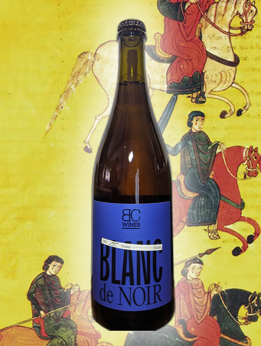 A bottle of BC Wines Blanc de Noir against a bright yellow background. A sparkling wine for all palates. 