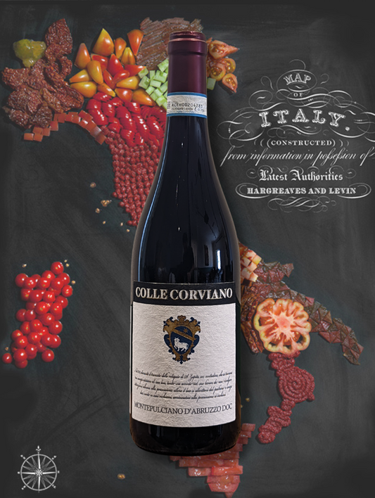 Bottle of Colle Corviano Montepulciano 2022 from Abruzzo. Set against a map of Italy made from antipasti ingredients. Organic, medium-bodied red wine with dark fruit and soft tannins.
