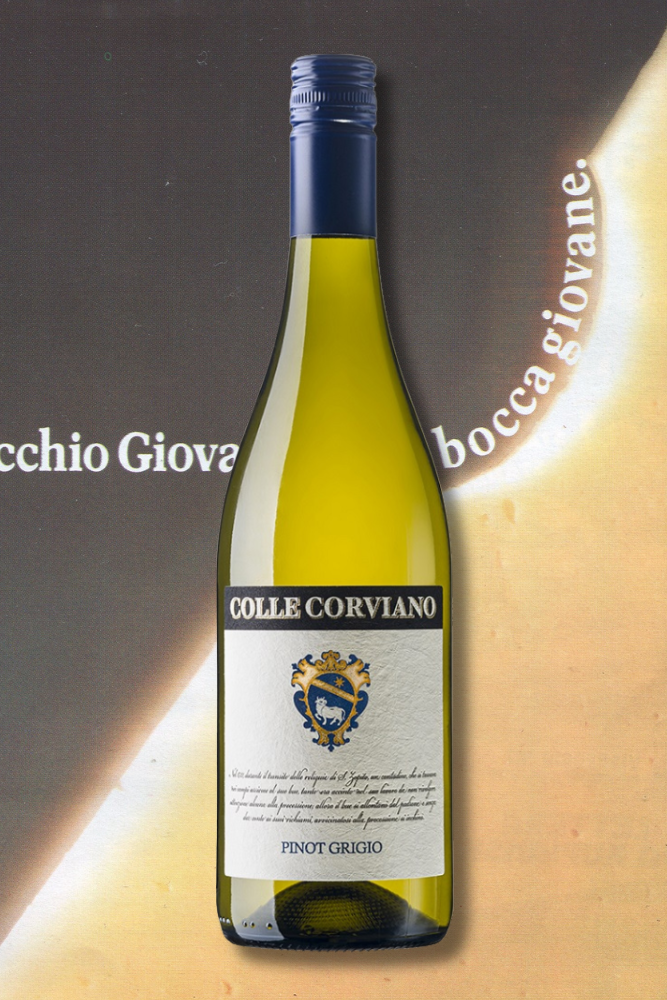 Bottle of Colle Corviano Pinot Grigio in front of a stylised image of a cheese wheel with the words “bocca giovane.” Italian organic white wine with a clean label and soft golden hue.