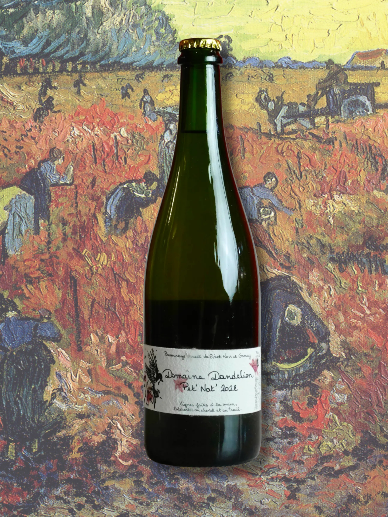 Bottle of Domaine Dandelion Pet Nat 2023 set against a Van Gogh-style vineyard harvest painting. Gamay and Pinot Noir pét-nat from Burgundy with organic estate-grown fruit.