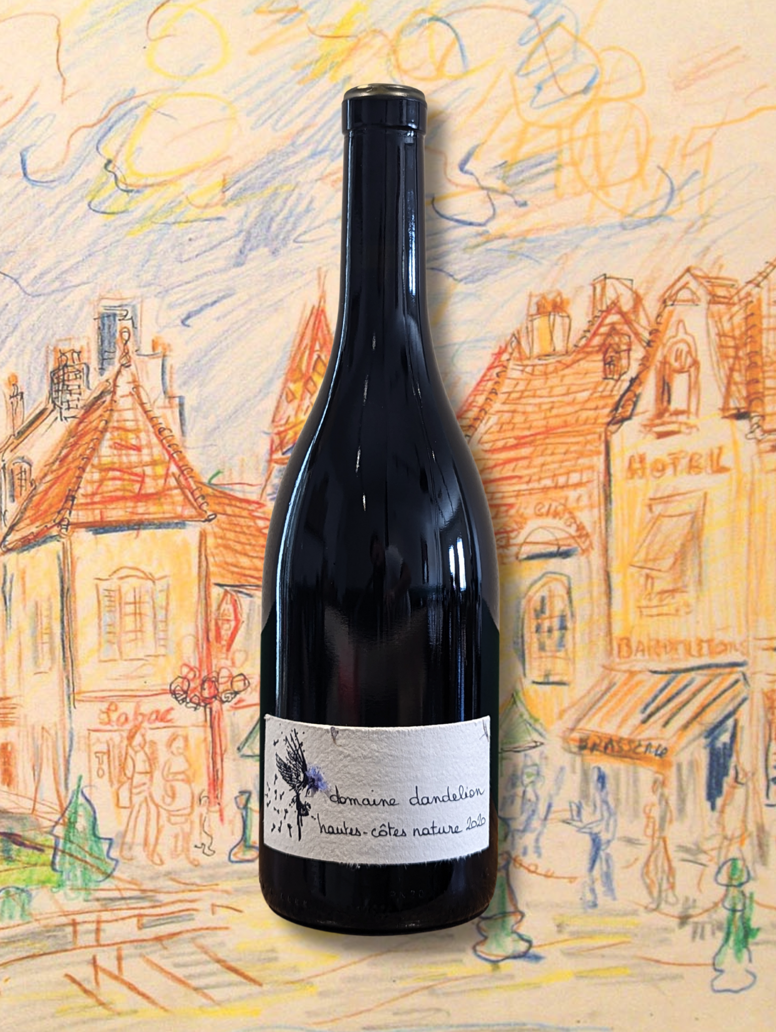 Bottle of Domaine Dandelion Pinot Noir 2022 from the Hautes-Côtes de Beaune, set against a pastel crayon drawing of a French village. Minimal label with handwritten script on textured paper.