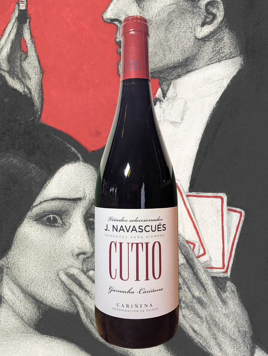 Bottle of J. Navascués ‘Cutio’ Garnacha-Carinena in front of a noir-style illustration with a woman gasping and a man holding playing cards. Red and black drama.