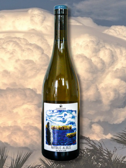 Kamara Pure 'Nimbus Albus' 2022 bottle. Skin-contact white wine from Thessaloniki, Greece made from Malagousia and Assyrtiko. Unfiltered, organic, and textured.