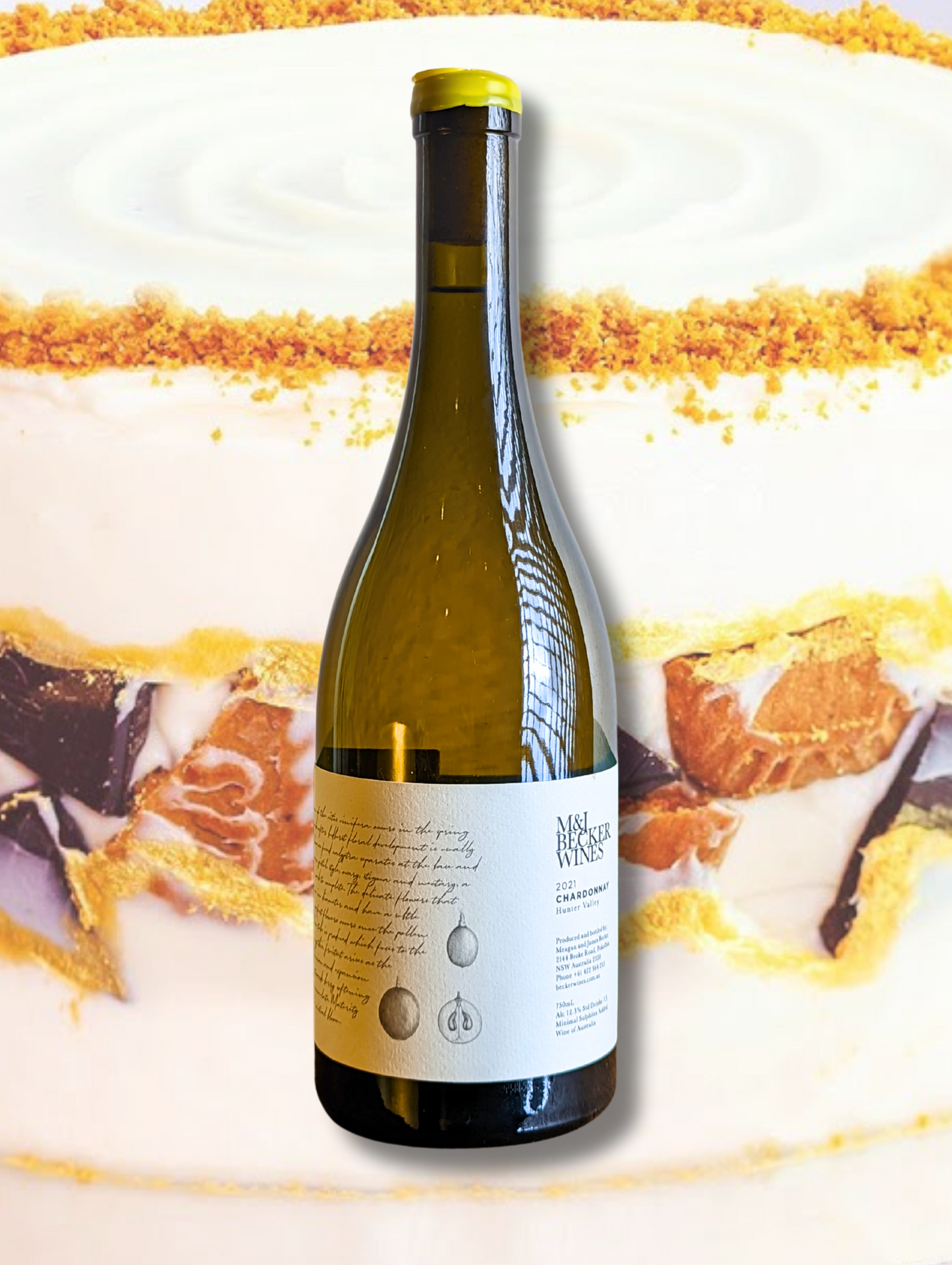 Bottle of M&J Becker Chardonnay 2023 in front of an image of a classic layered cake. Elegant white wine from Hunter Valley, set against a nostalgic and celebratory backdrop.
