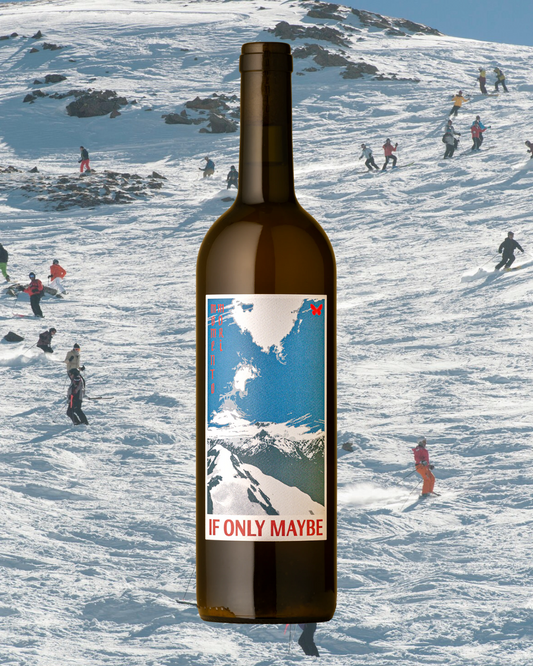 Bottle of Momento Mori 'If Only Maybe' Skin Contact wine superimposed over a vintage photo of a ski slope crowded with skiers in mid-descent. The label features an abstract, snowy mountain design with red and blue text.